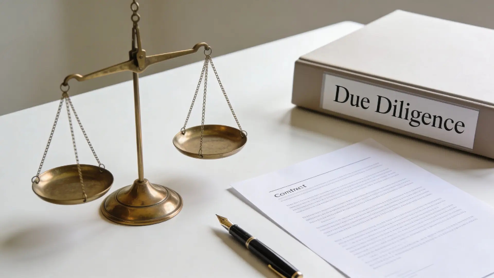 A set of legal scales, a fountain pen, and a binder labeled Due Diligence on a table.