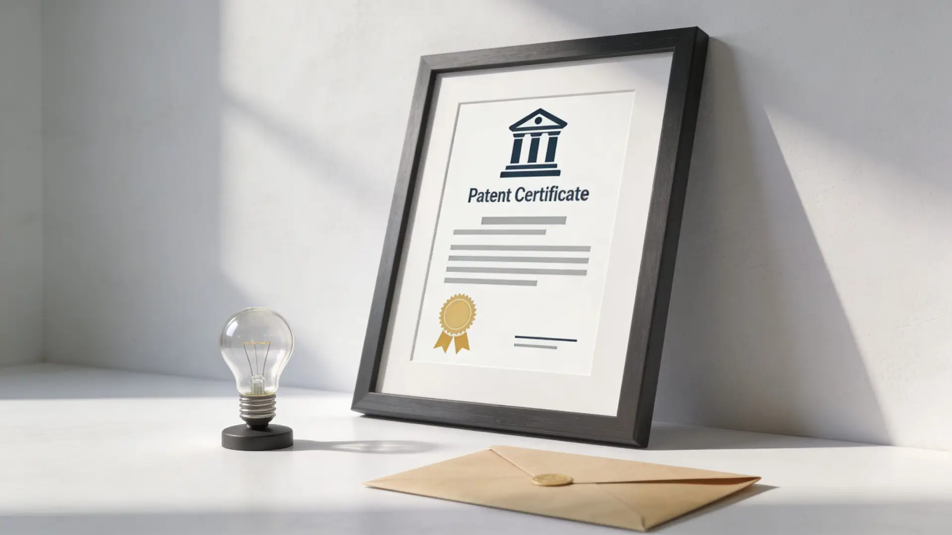 A framed patent certificate leaning against a wall next to a light bulb and a sealed envelope.