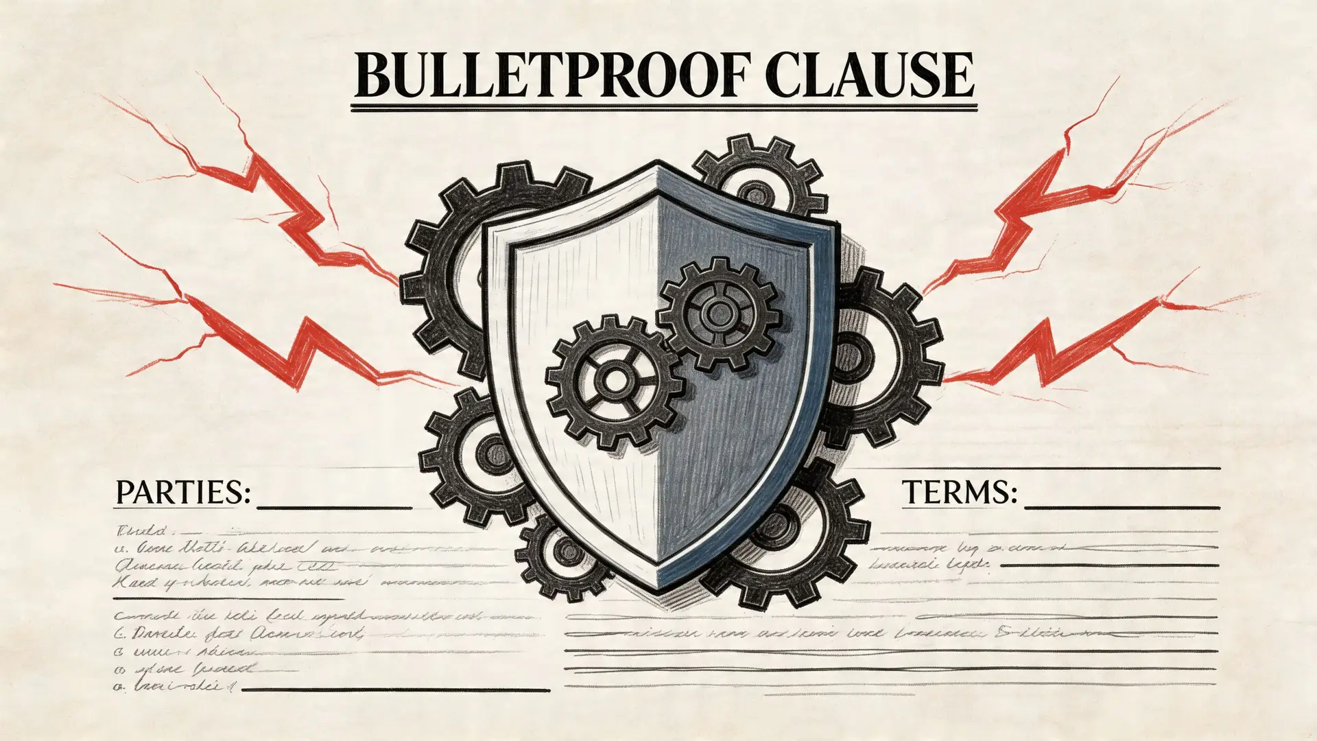 A conceptual illustration of a shield with gears representing a strong and secure legal bulletproof contract clause.