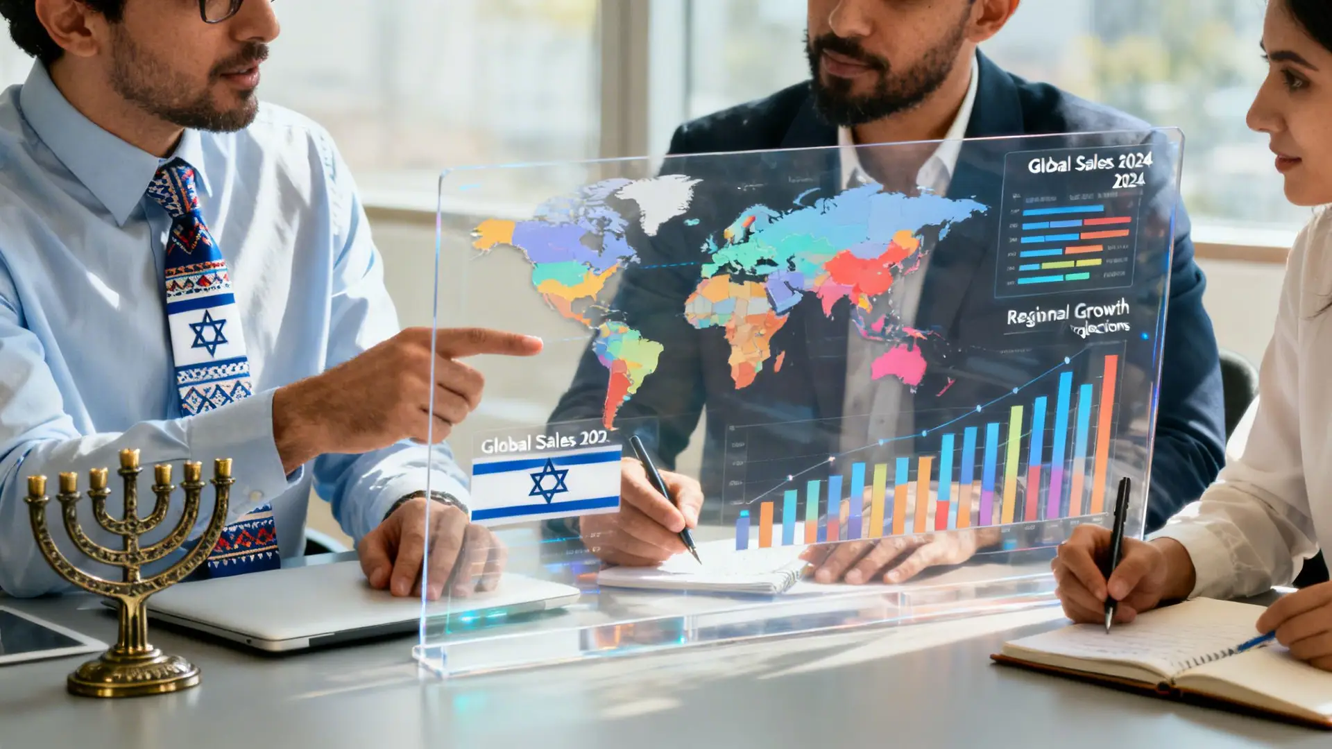 A team of professionals collaborating on business growth strategies using an interactive digital glass display screen.