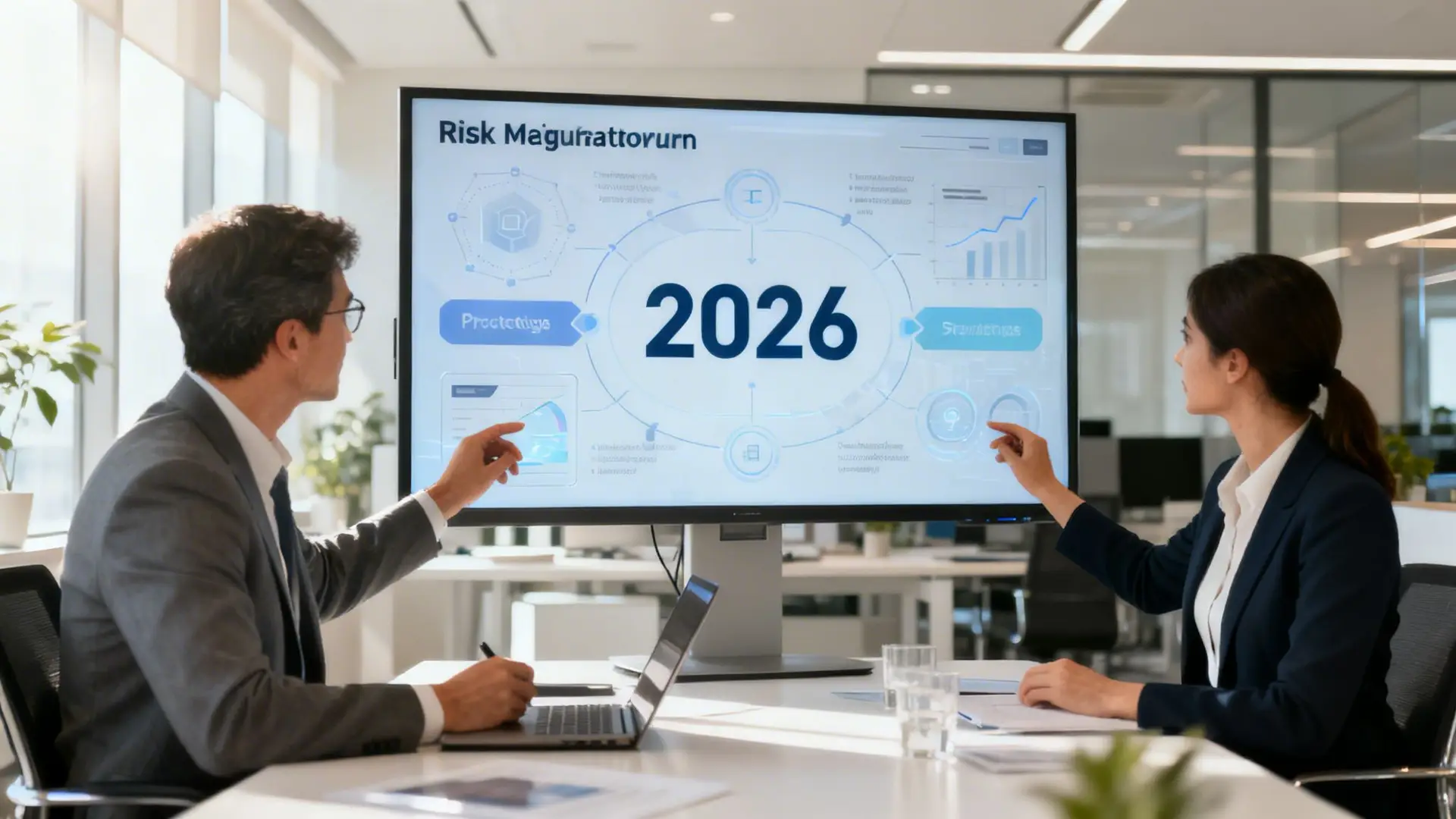 A professional man and woman discussing business strategies and data projections on a large monitor during a meeting.