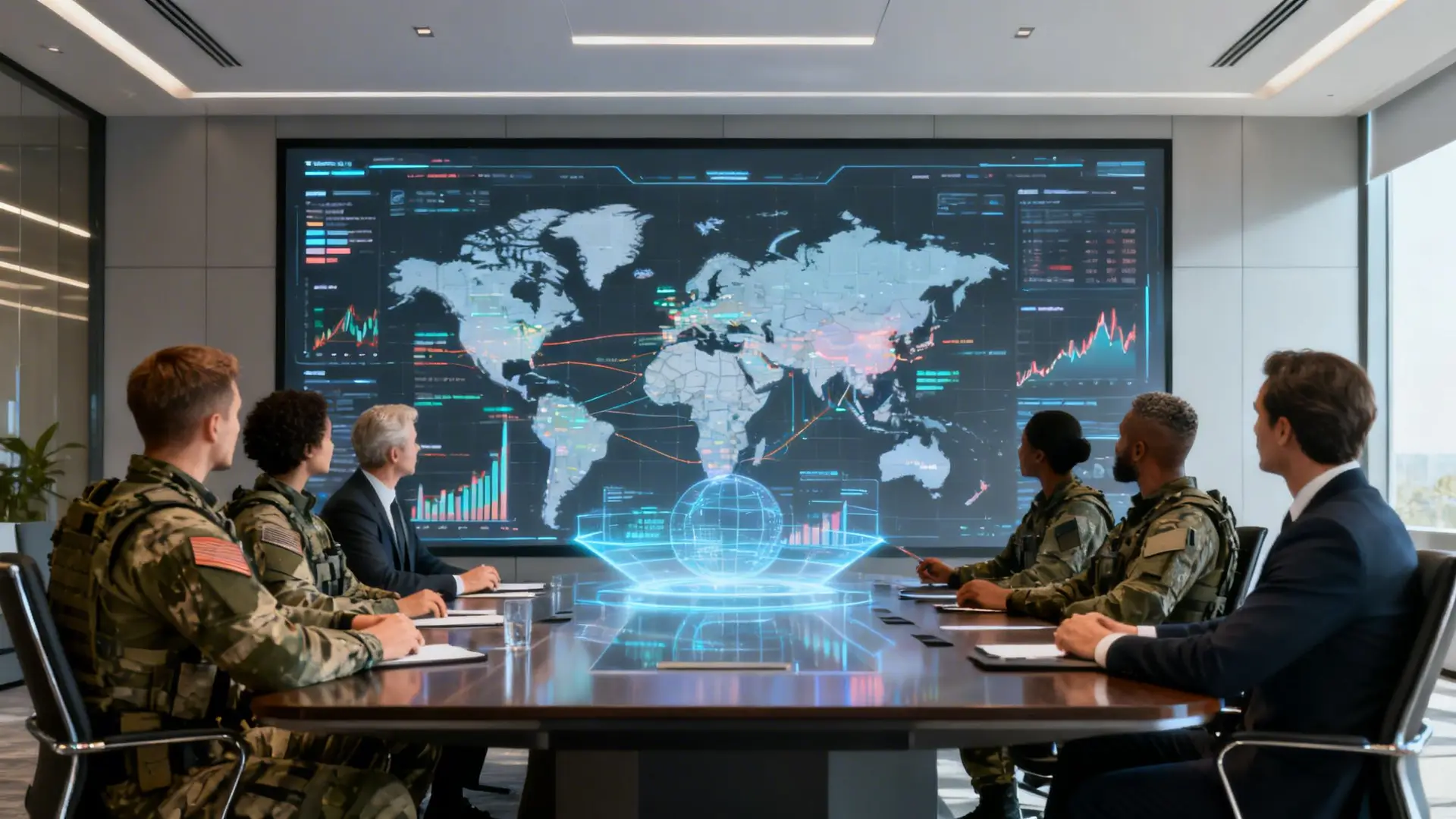 A diverse group of military officials and professionals discussing global strategy in a high-tech boardroom.