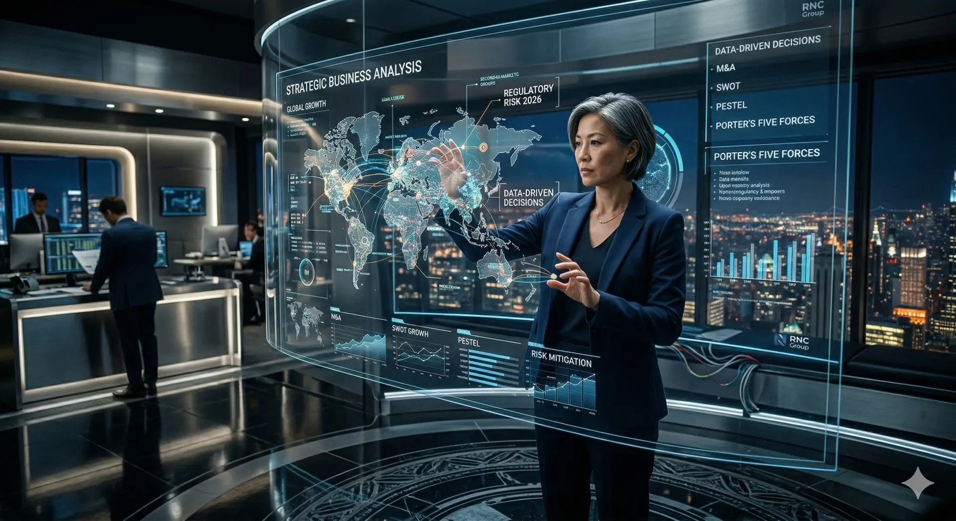 A professional woman in a suit interacting with a futuristic, holographic global data display showcasing strategic business analysis, PESTEL, SWOT, and RNC Group branding in a high-tech office overlooking a city at night
