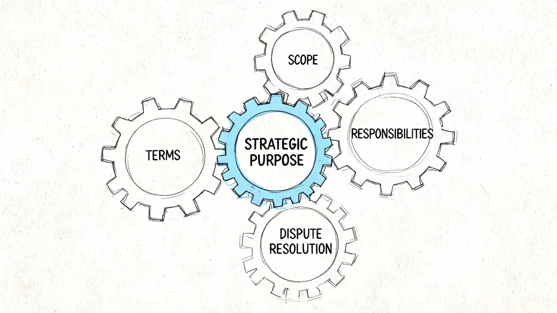 A diagram of five interlocking gears with the center gear labeled Strategic Purpose surrounded by related concepts.