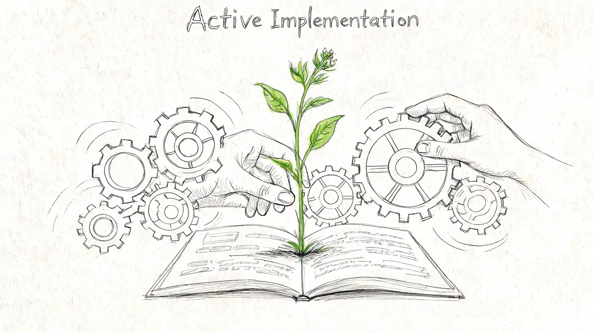 A hand drawing of a plant growing out of an open book surrounded by mechanical gears.