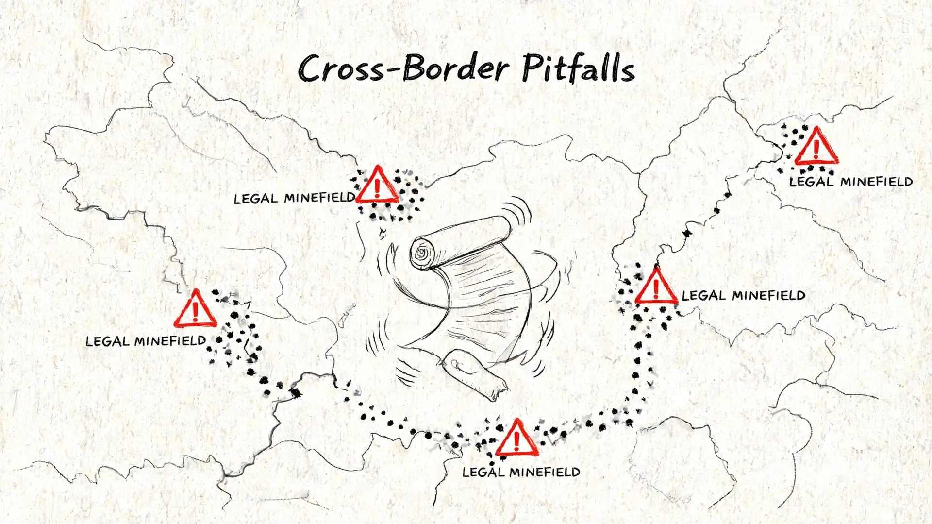 A hand-drawn illustration depicting a scroll surrounded by legal minefield warning signs on a map background.