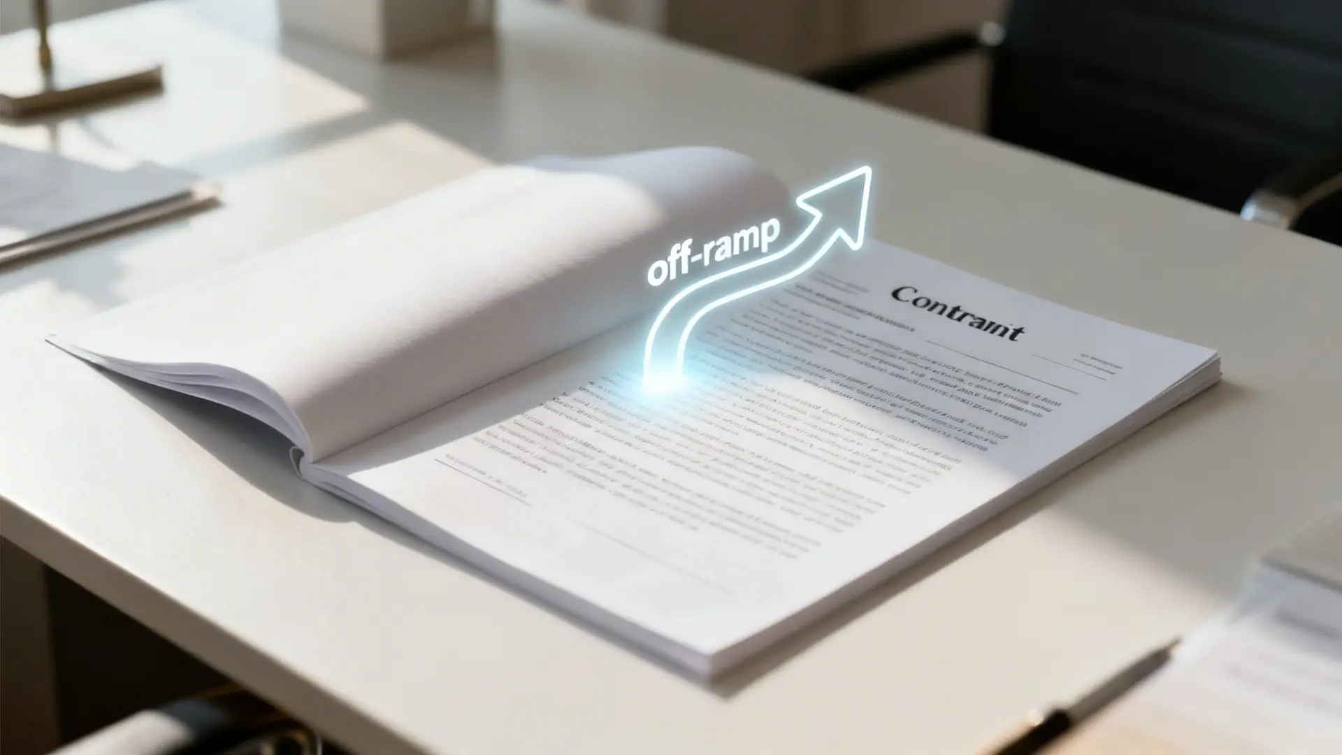 A neon graphic of an arrow labeled off-ramp hovering over a legal contract document on a desk.
