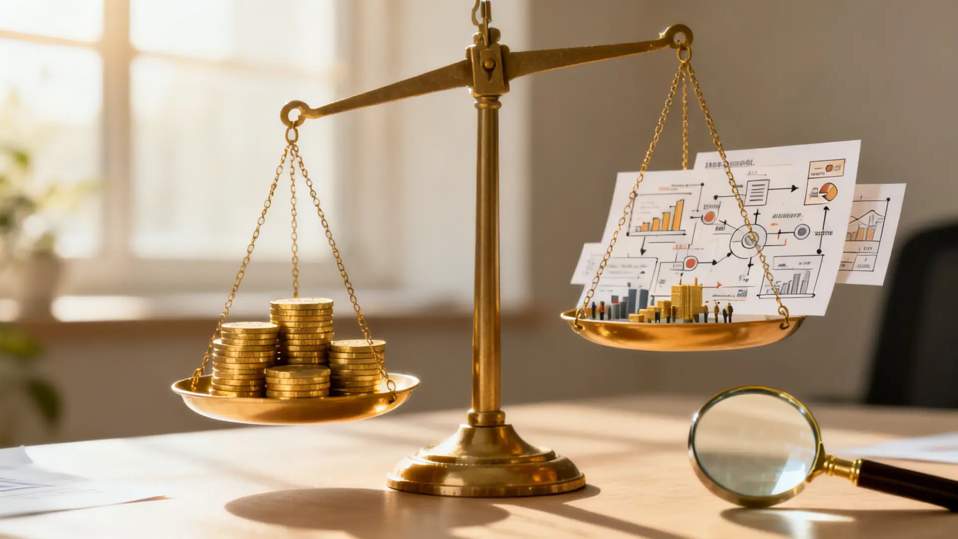 A brass scale balancing a stack of gold coins against financial documents and miniature business figures.