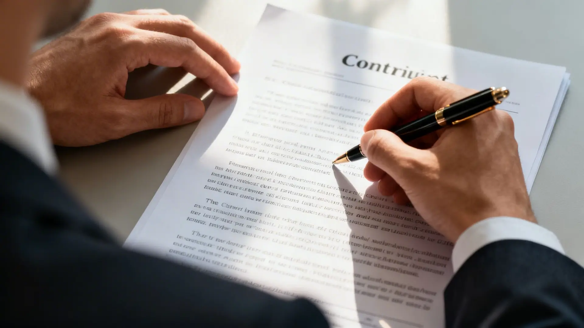 A professional man in a suit signing a formal document with a black pen on a desk.