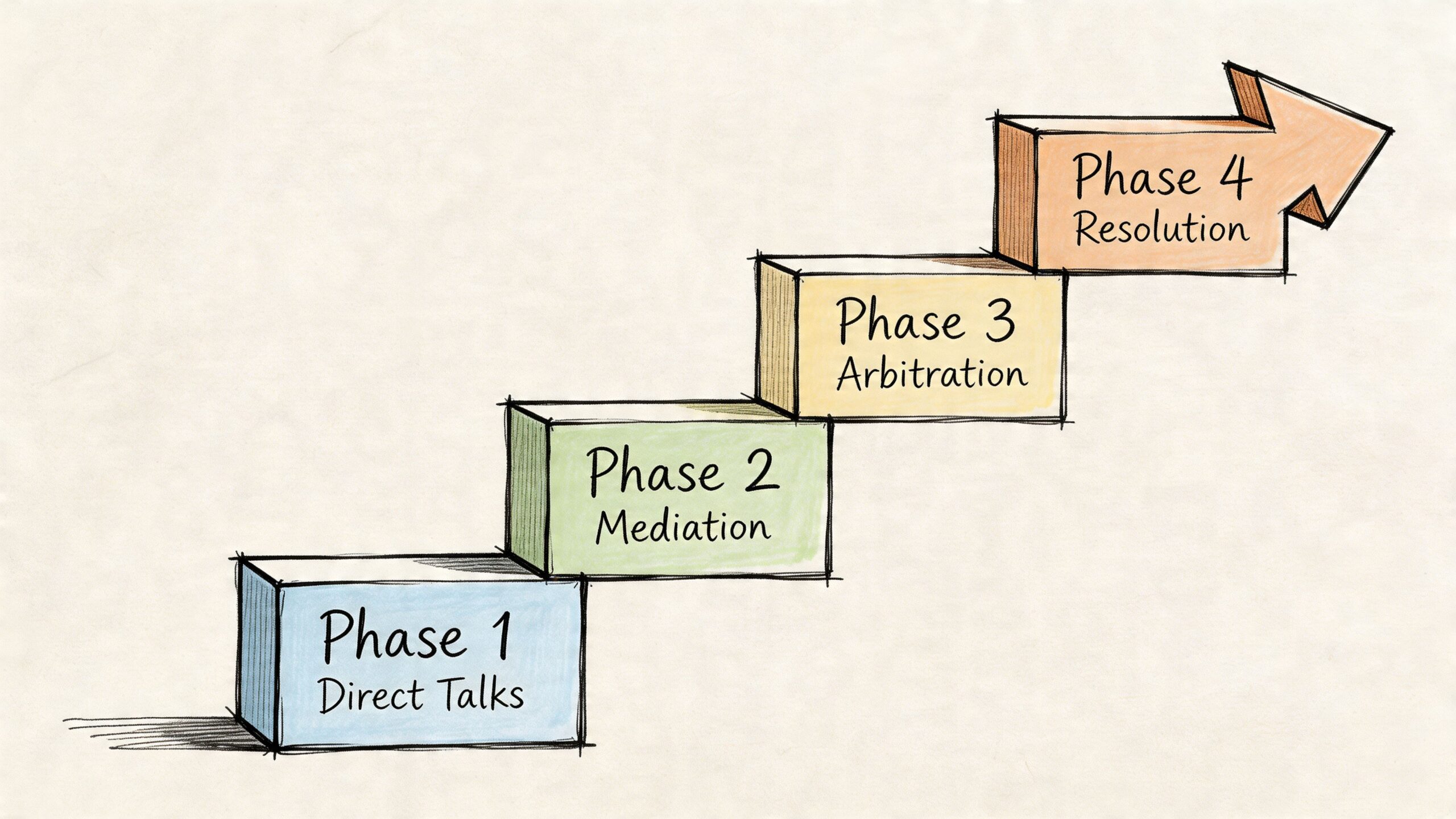 A diagram depicting a four-phase commercial dispute resolution process illustrated as ascending steps on an arrow.