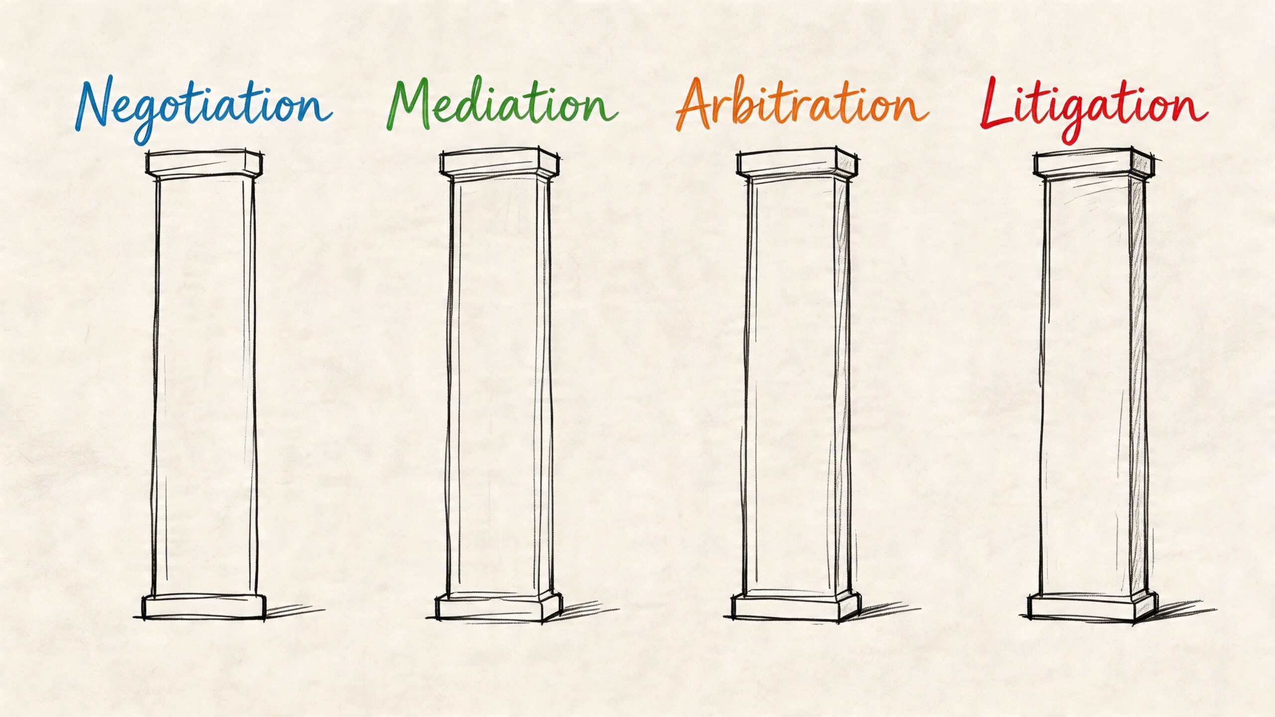 A hand-drawn illustration featuring four pillars representing negotiation, mediation, arbitration, and litigation for dispute resolution.