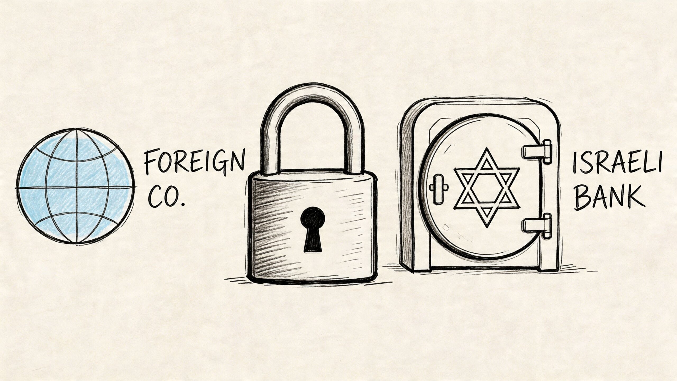 A conceptual illustration showing a globe, a closed padlock, and an Israeli bank vault door.
