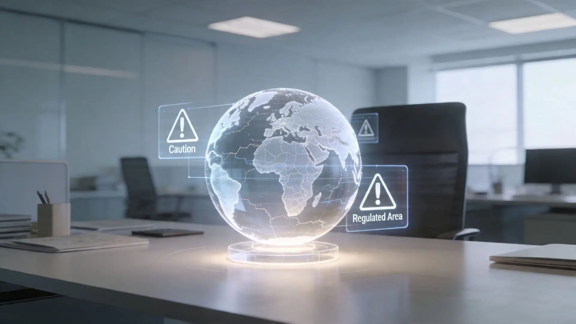 A futuristic digital holographic globe sits on an office desk displaying caution and regulated area icons.