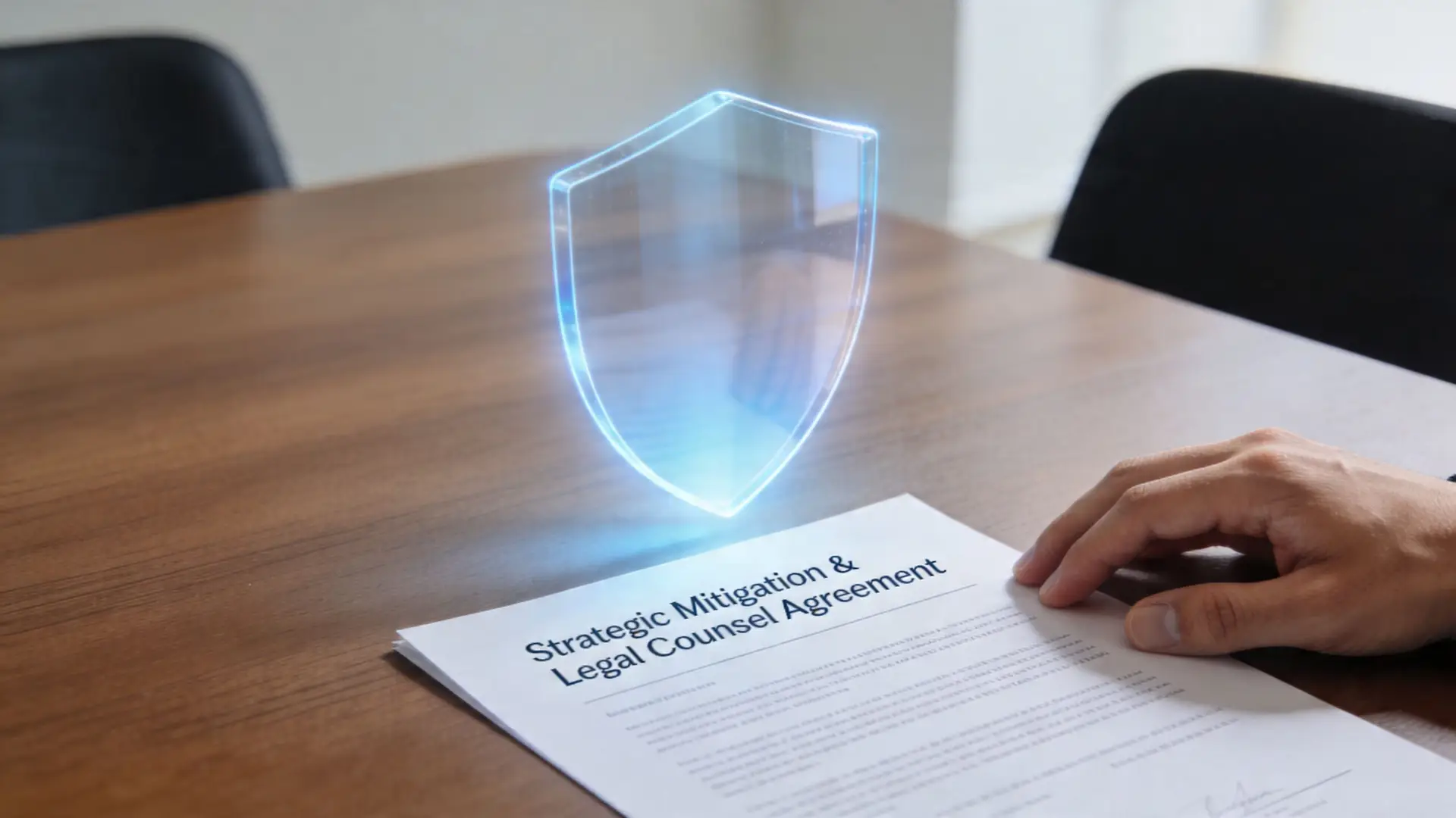 A hand rests on a legal document titled Strategic Mitigation and Legal Counsel Agreement featuring a glowing digital shield.