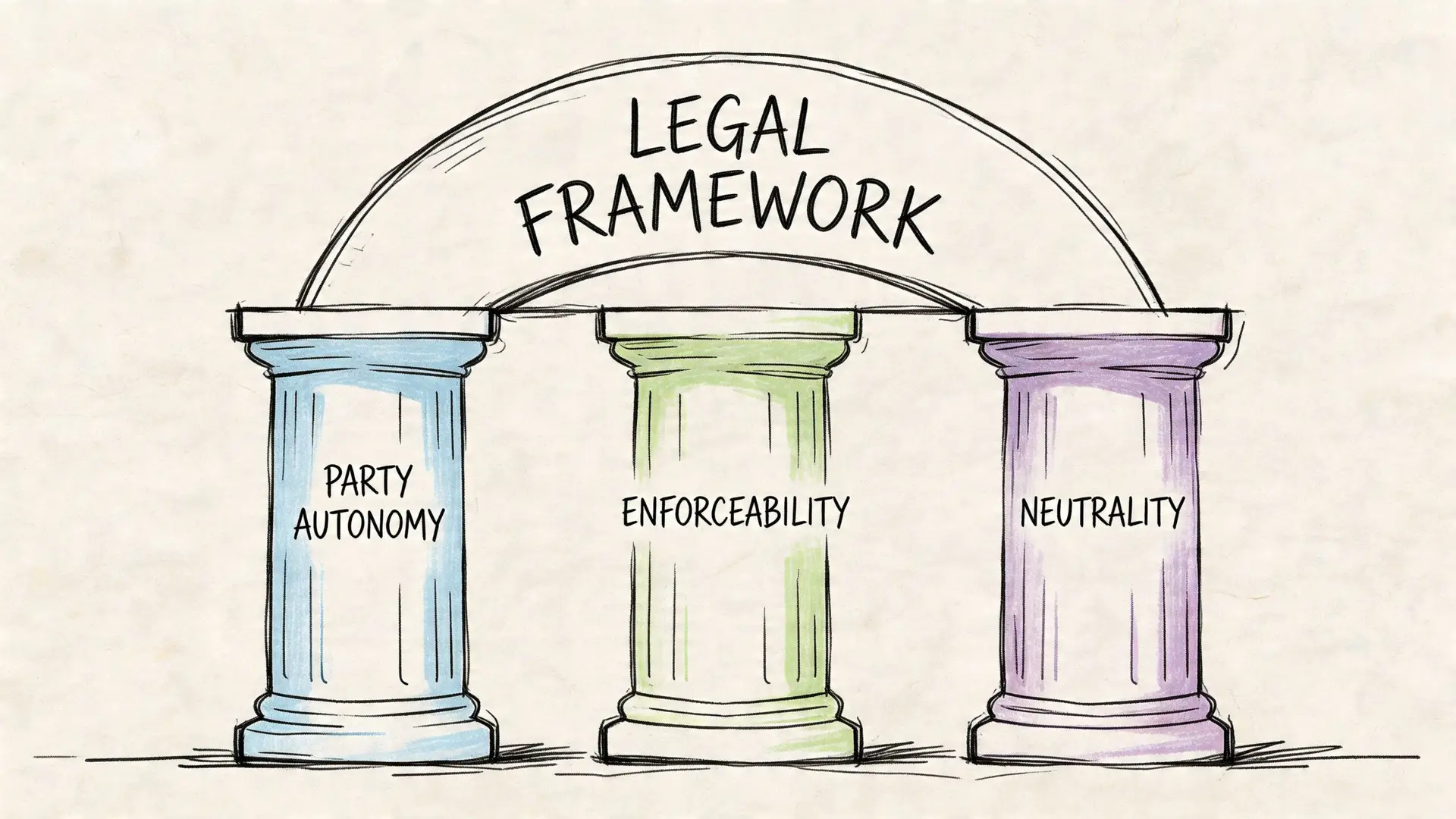 A conceptual diagram showing three pillars supporting an arch labeled Legal Framework, symbolizing arbitration principles.