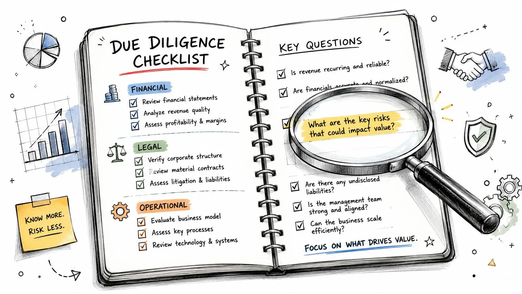 A hand-drawn checklist for business due diligence highlighting financial, legal, and operational assessments with a magnifying glass.