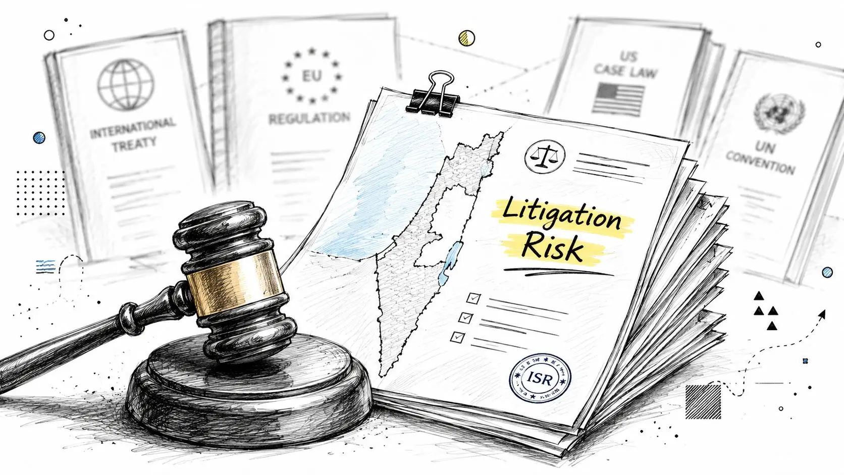 A gavel resting next to a document featuring a map of Israel titled Litigation Risk.