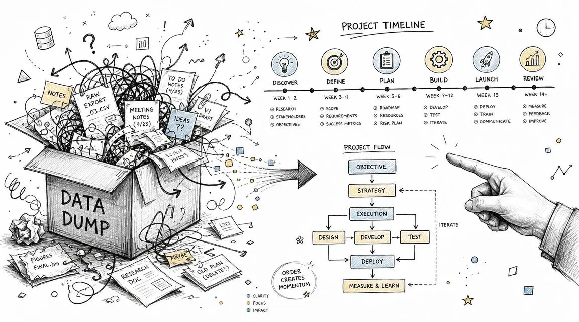 A diagram illustrating the transformation from a disorganized data dump into a structured, linear project management process.