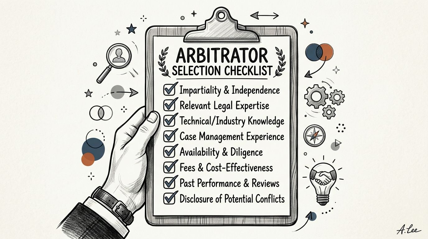 A hand holding a clipboard featuring a checklist for selecting an arbitrator for legal proceedings.