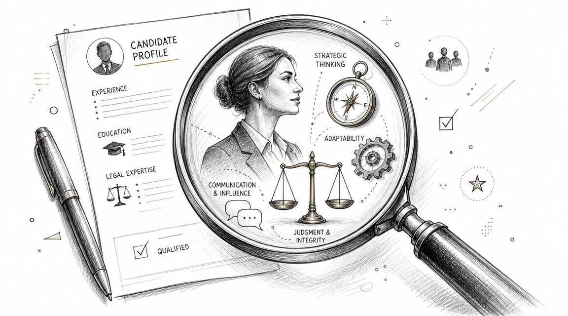 A professional illustration of a candidate profile with a magnifying glass showing key skills for arbitration.