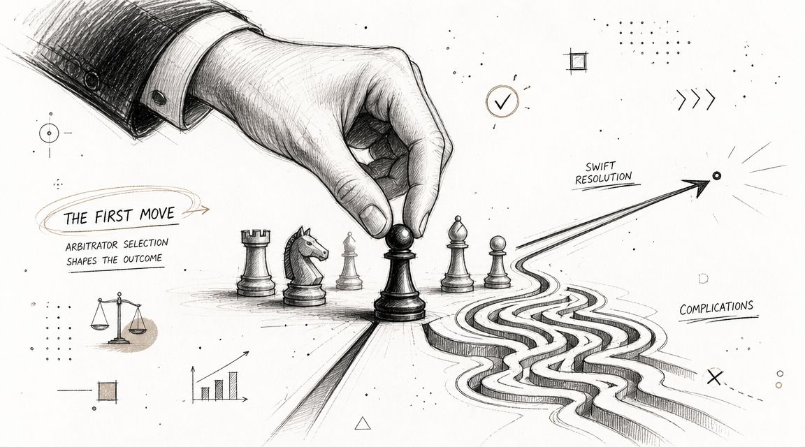 A hand moving a chess piece on a board, illustrating the importance of the arbitrator selection process.