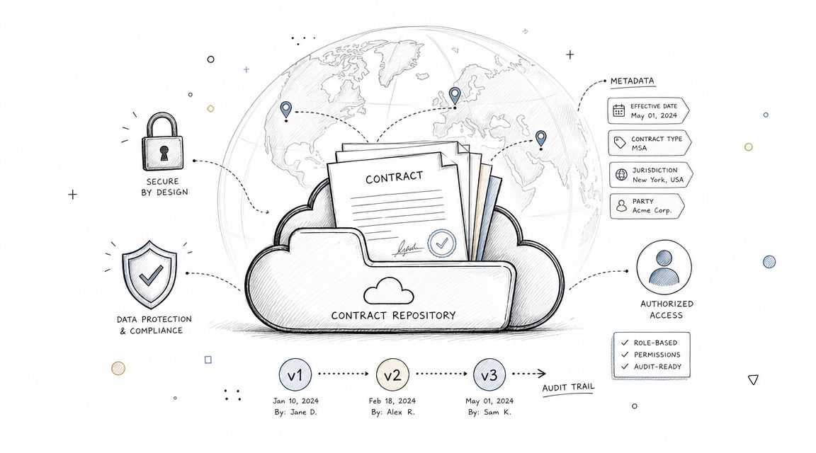 A hand-drawn illustration depicting a secure cloud-based contract repository with compliance, metadata, and audit trail features.