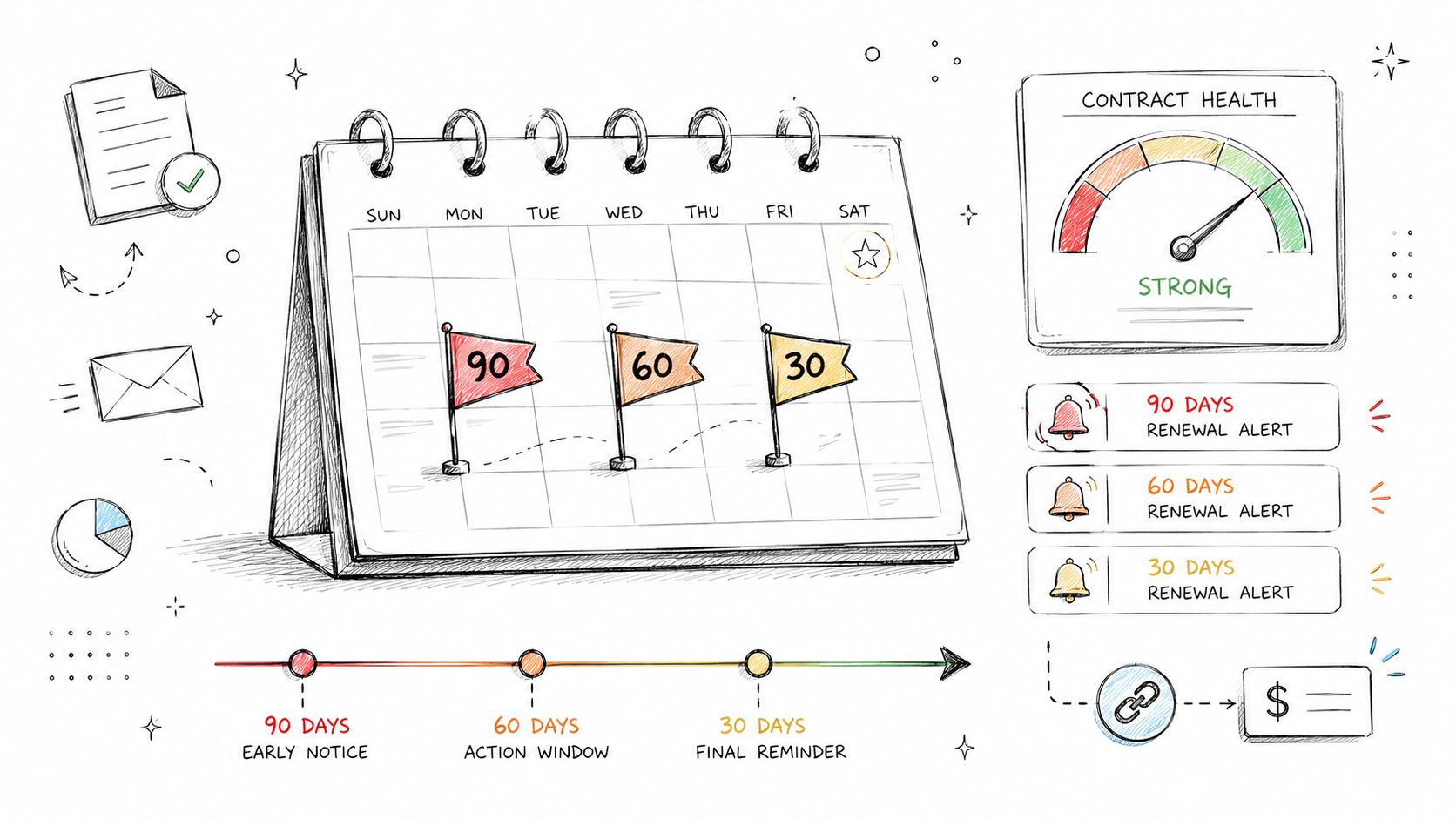 A hand-drawn calendar timeline illustrating contract renewal stages with 90, 60, and 30 day alert milestones.