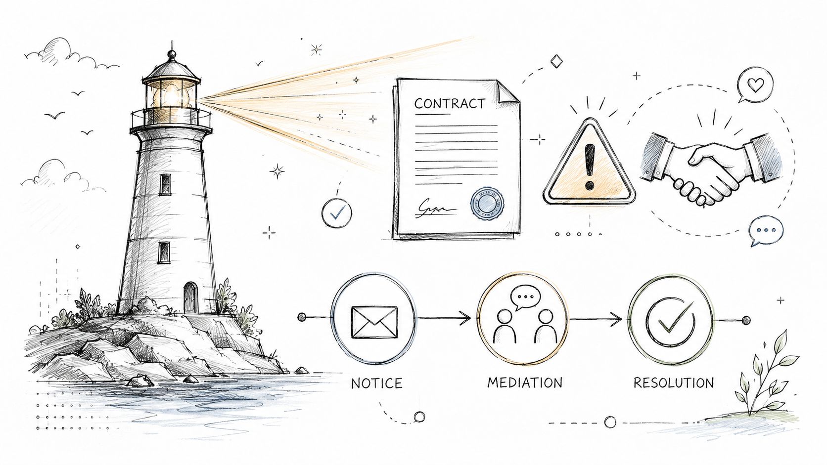 A hand-drawn illustration depicting a lighthouse guiding a contract through a process of notice, mediation, and resolution.