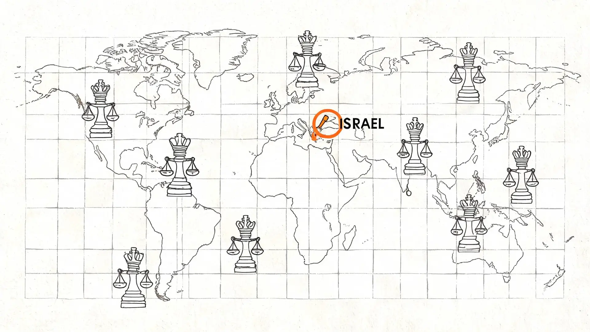 A map of the world featuring chess king pieces with scales of justice and a highlighted Israel icon.