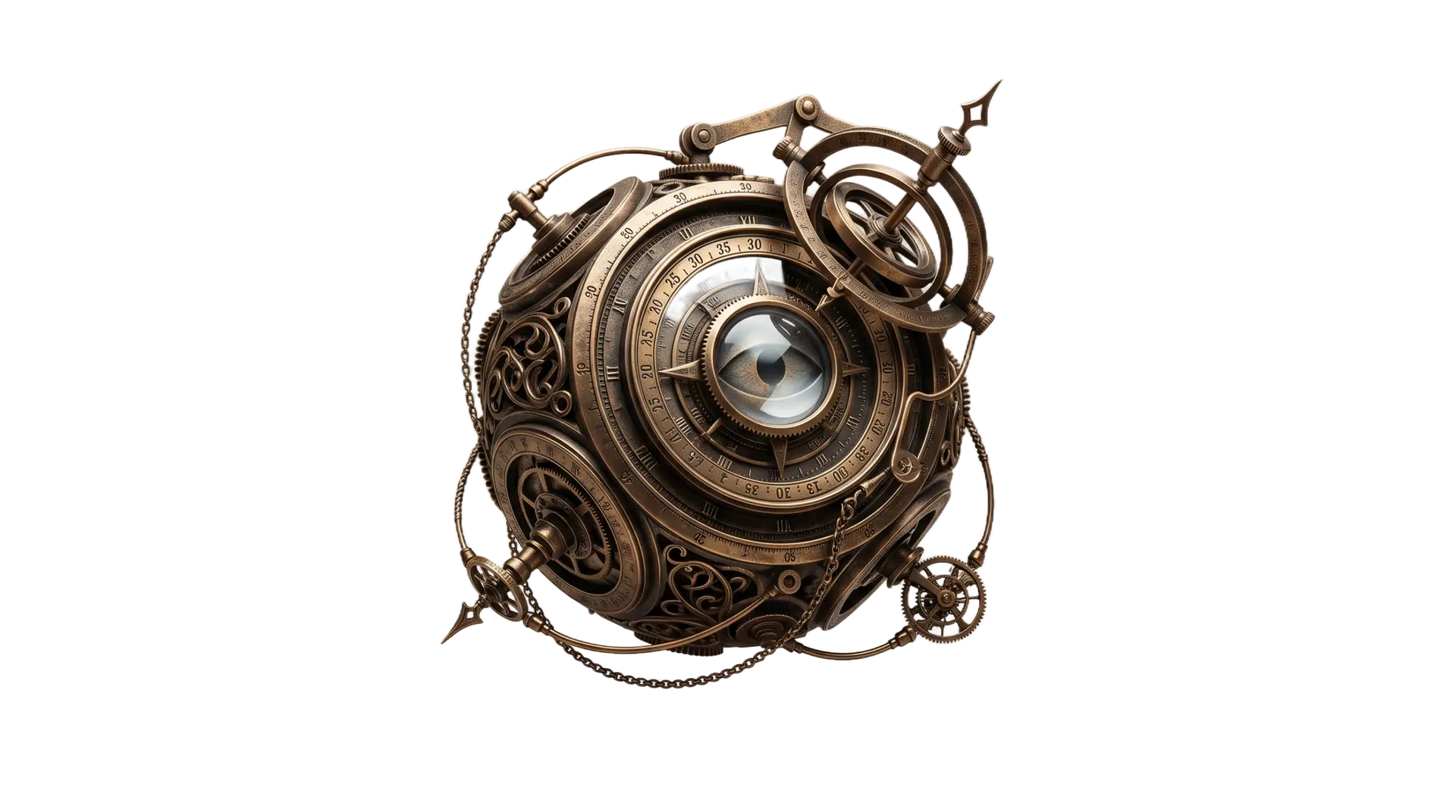 An intricate steampunk astrolabe clockwork mechanism made of patinated bronze with a central lens focusing like an eye, representing boardroom transparency and fiduciary duty oversight for international directors