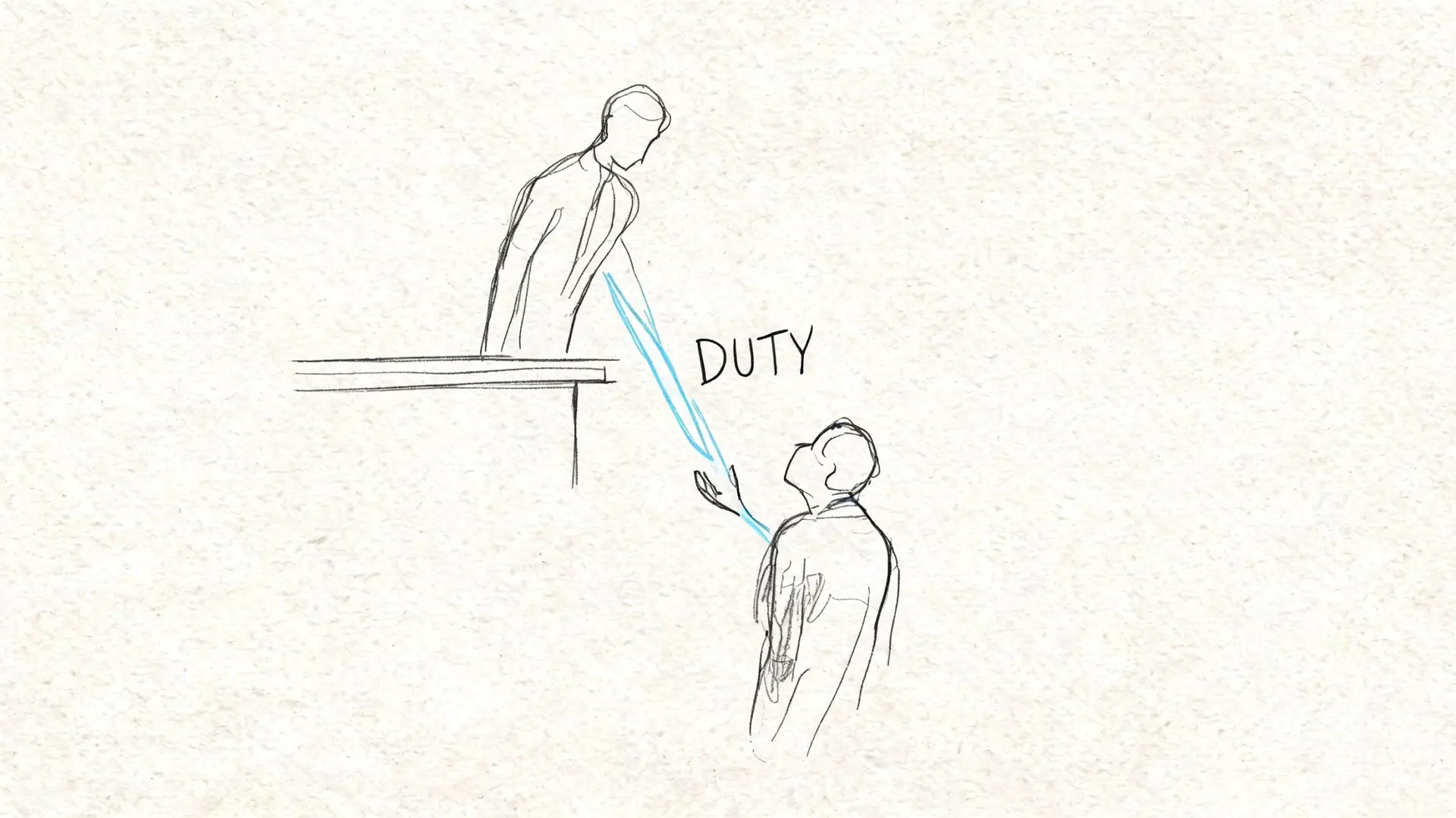A simple sketch showing a person standing behind a desk tethered to a person standing below, labeled Duty.