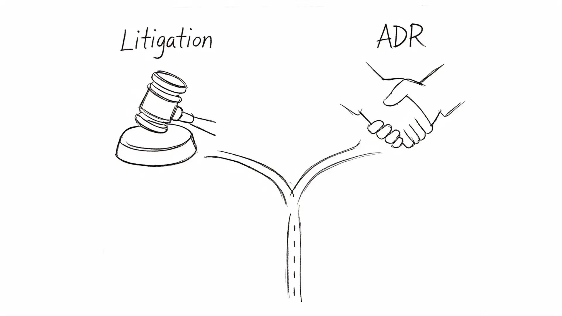 A hand-drawn illustration showing a path branching into either litigation with a gavel or ADR with a handshake.