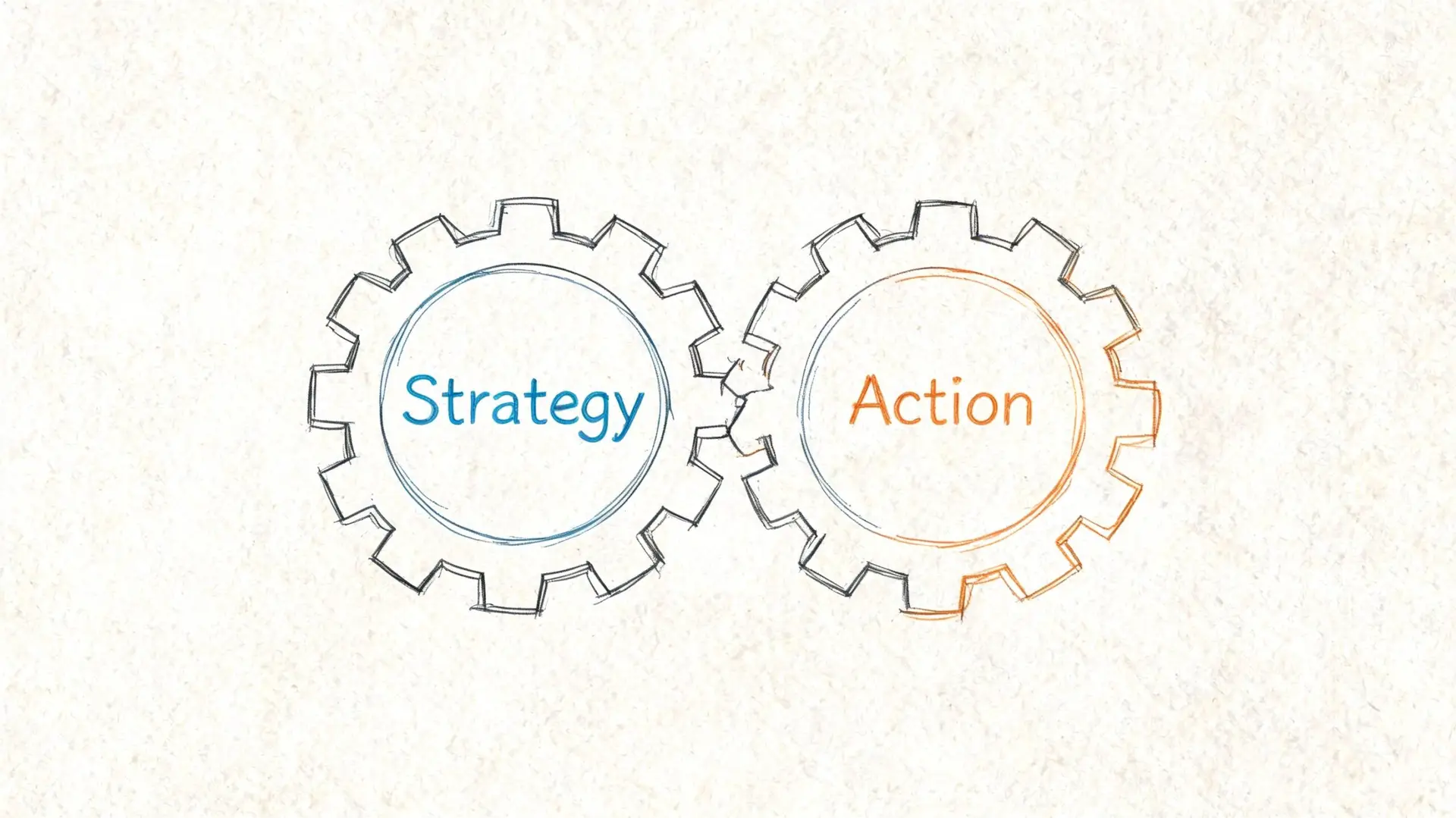 A conceptual illustration featuring two interlocking gears, one blue labeled Strategy and one orange labeled Action.