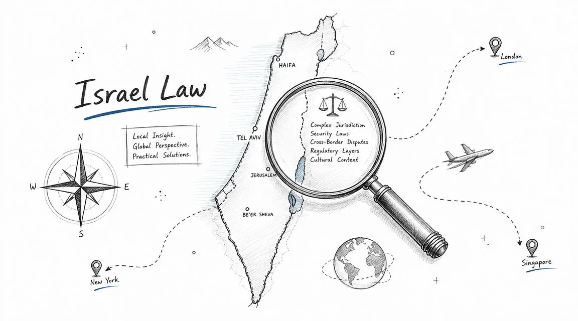 An illustration of Israel featuring a magnifying glass over the country, highlighting legal and business concepts.