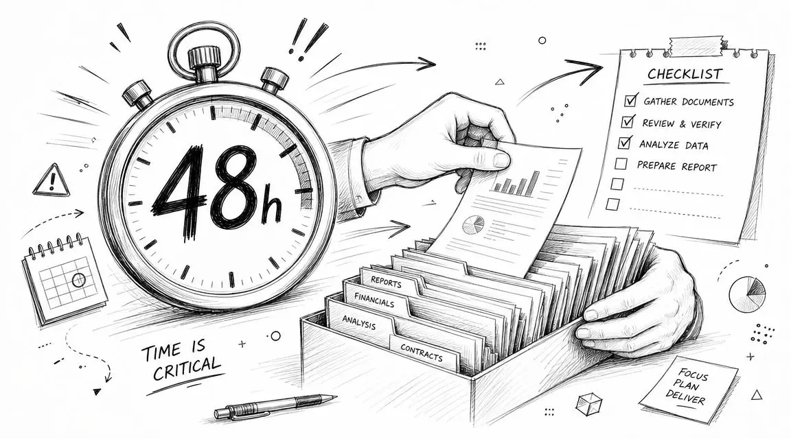 A hand organizing documents in a file box next to a 48-hour countdown clock and checklist.