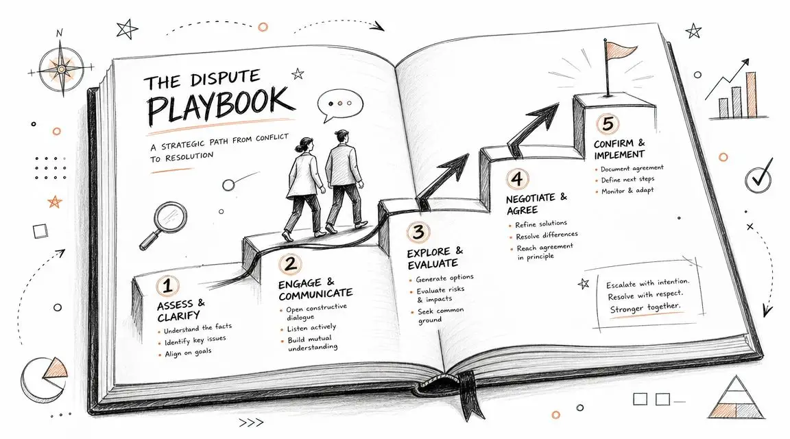 A diagram inside an open book illustrating a five-step strategic path for resolving business partner disputes.