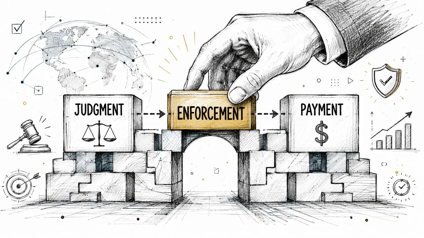 A conceptual illustration of a hand placing a keystone marked enforcement between blocks labeled judgment and payment.