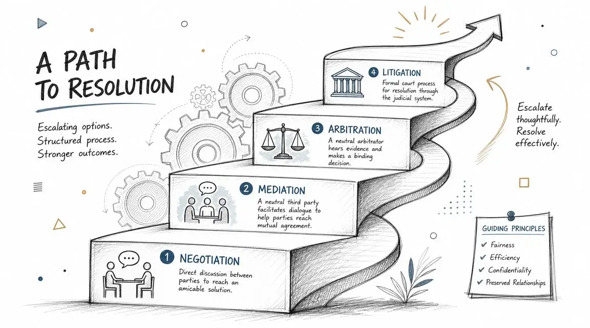 A diagram illustrating the four steps of resolution in commercial lease disputes, from negotiation to litigation.