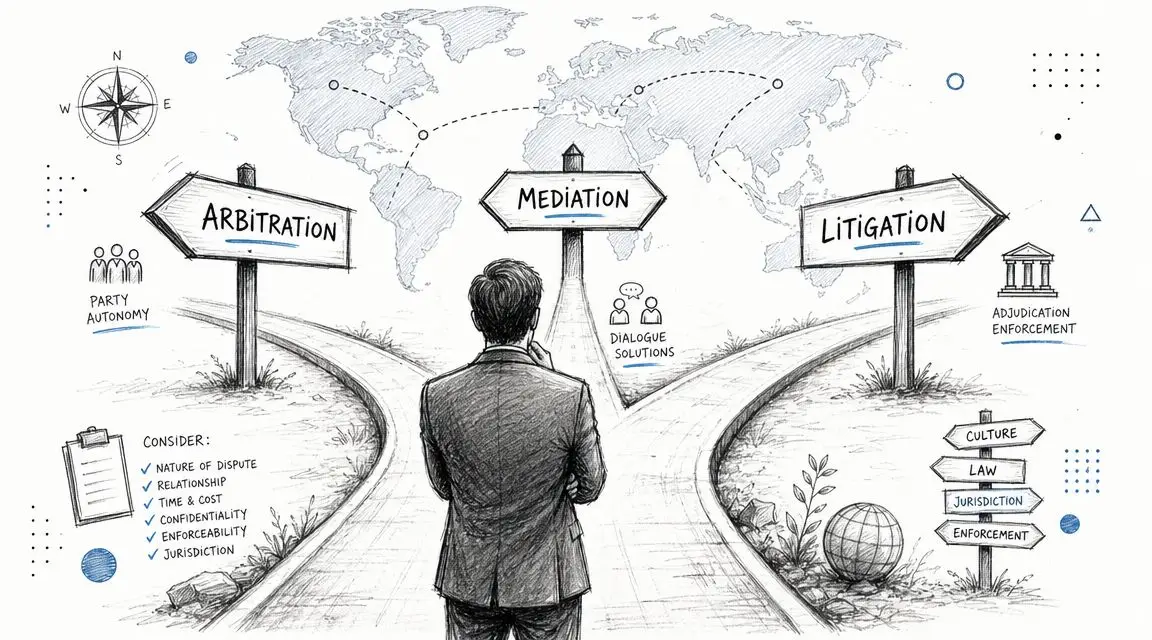 A person standing at a crossroads choosing between arbitration, mediation, and litigation for business dispute resolution.