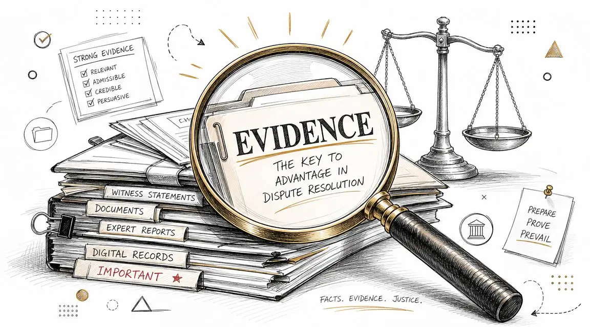 A magnifying glass focusing on a file folder labeled evidence next to legal scales and documents.