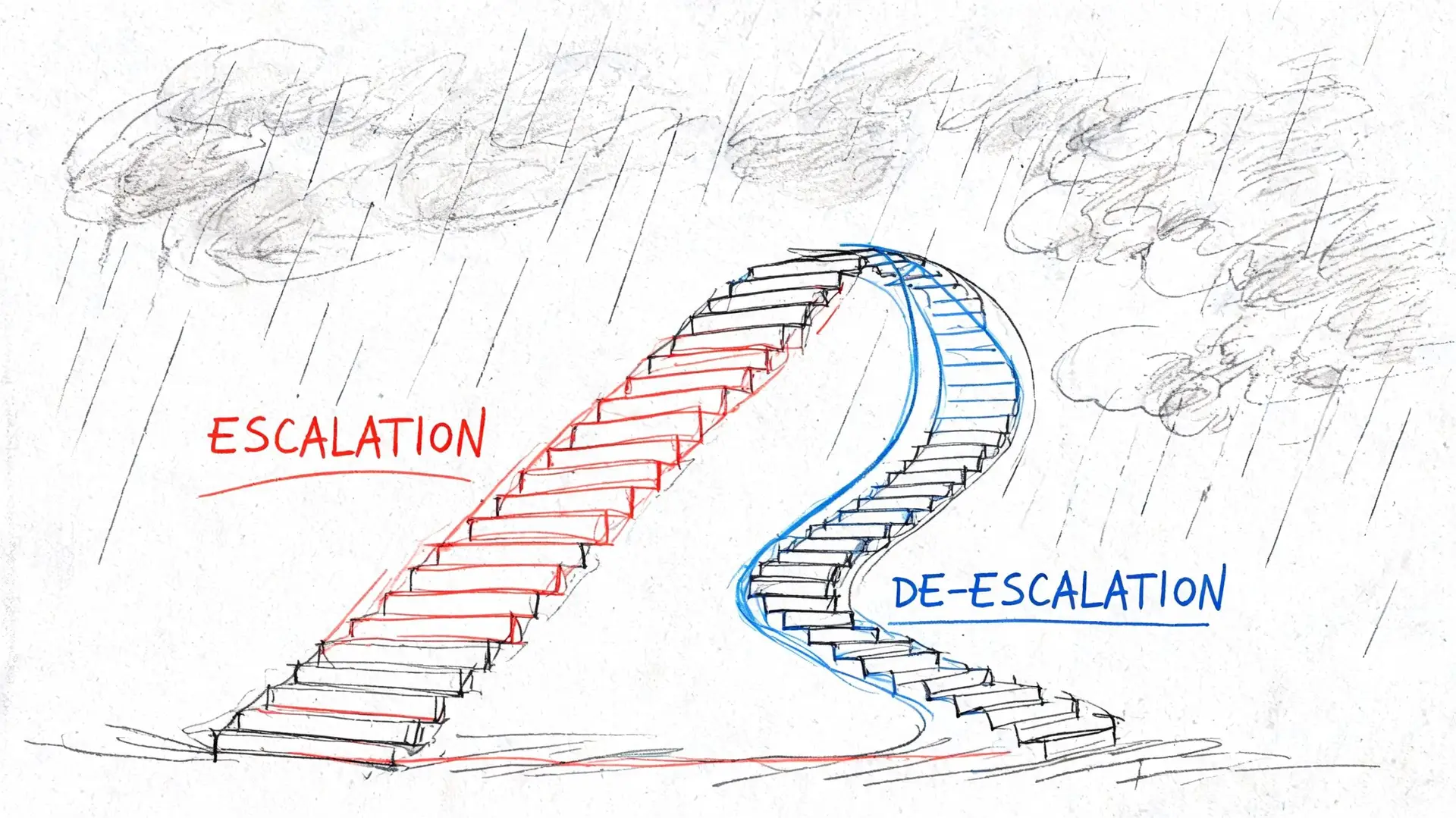 A pencil sketch of a staircase curving upwards into rainy clouds, labeled with escalation and de-escalation.