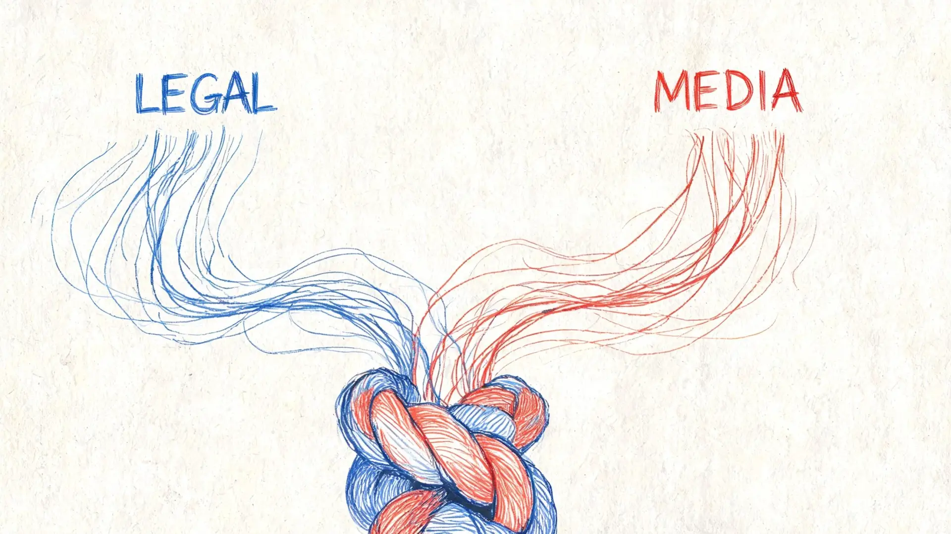 A hand-drawn illustration showing red and blue tangled ropes connecting the words Legal and Media.