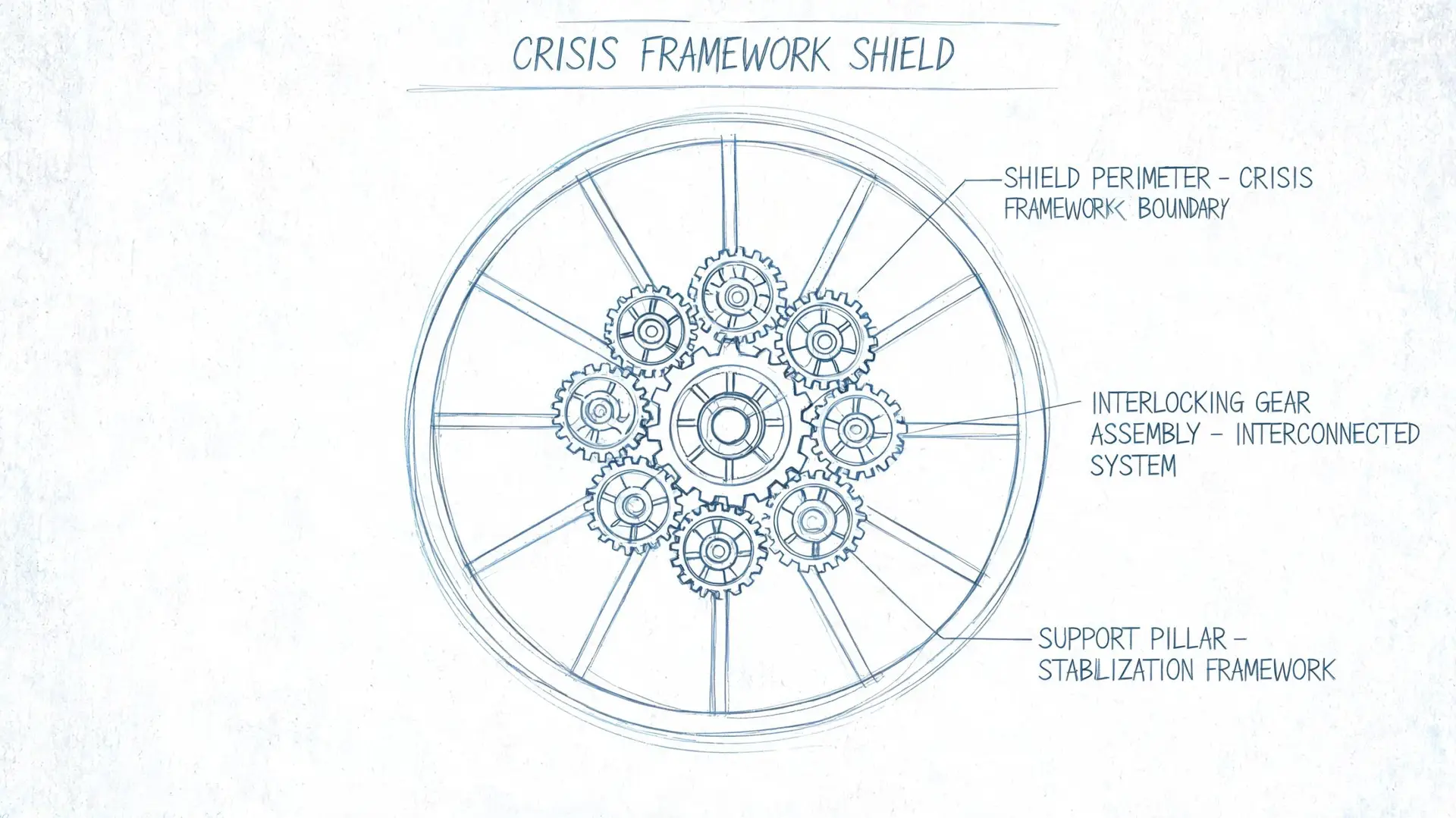 A technical sketch labeled Crisis Framework Shield depicting a central gear assembly connected to stabilization pillars.