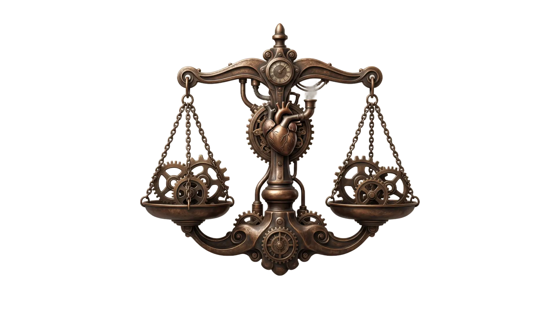 An intricate steampunk scales of justice sculpture crafted from deeply patinated aged bronze with complex gears and metallic highlights, centered on a clean light taupe studio background representing cross border legal issues in global trade
