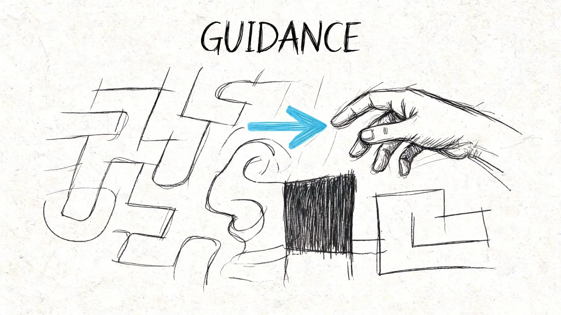 A hand sketch depicting a maze with a blue arrow directing the path towards a hand reach.