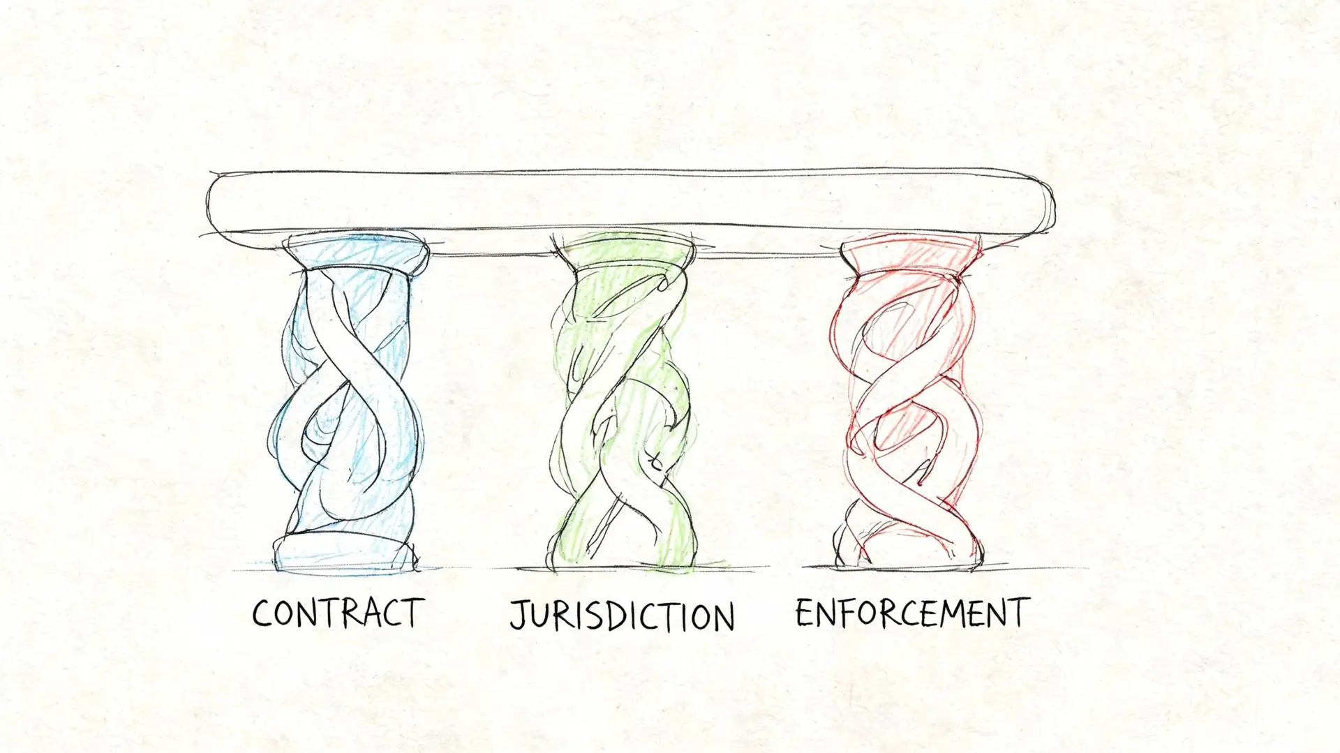 A conceptual sketch showing three decorative pillars labeled Contract, Jurisdiction, and Enforcement supporting a horizontal platform.