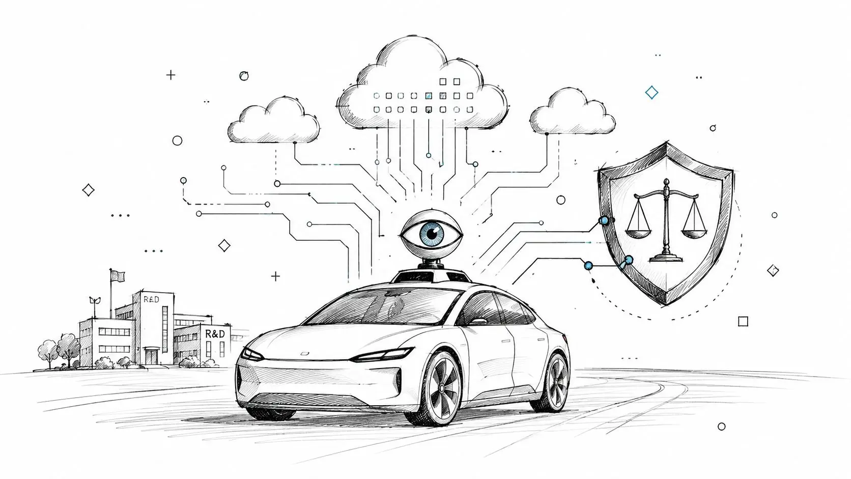 A digital sketch of an autonomous vehicle connected to cloud technology and a legal shield symbol.