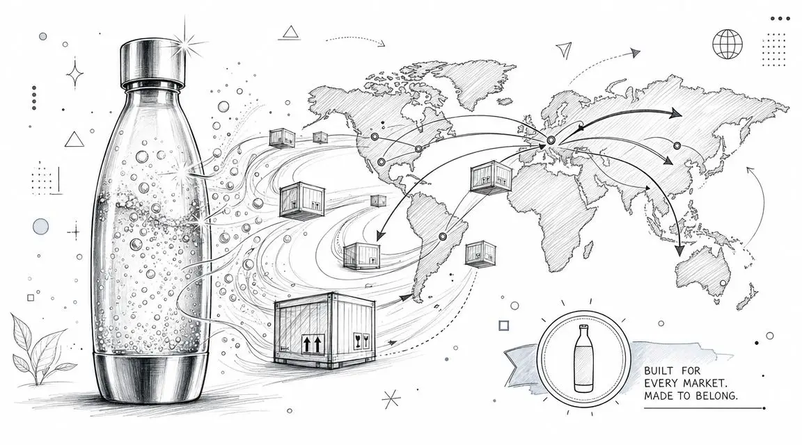 A conceptual sketch showing a water bottle connecting global markets via shipping containers and a world map.