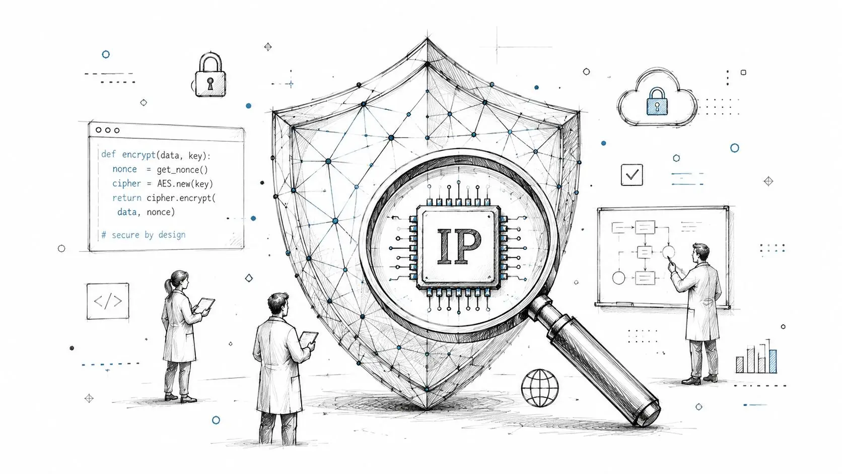 A digital illustration showing professionals analyzing intellectual property protection using security shields, code, and circuit diagrams.