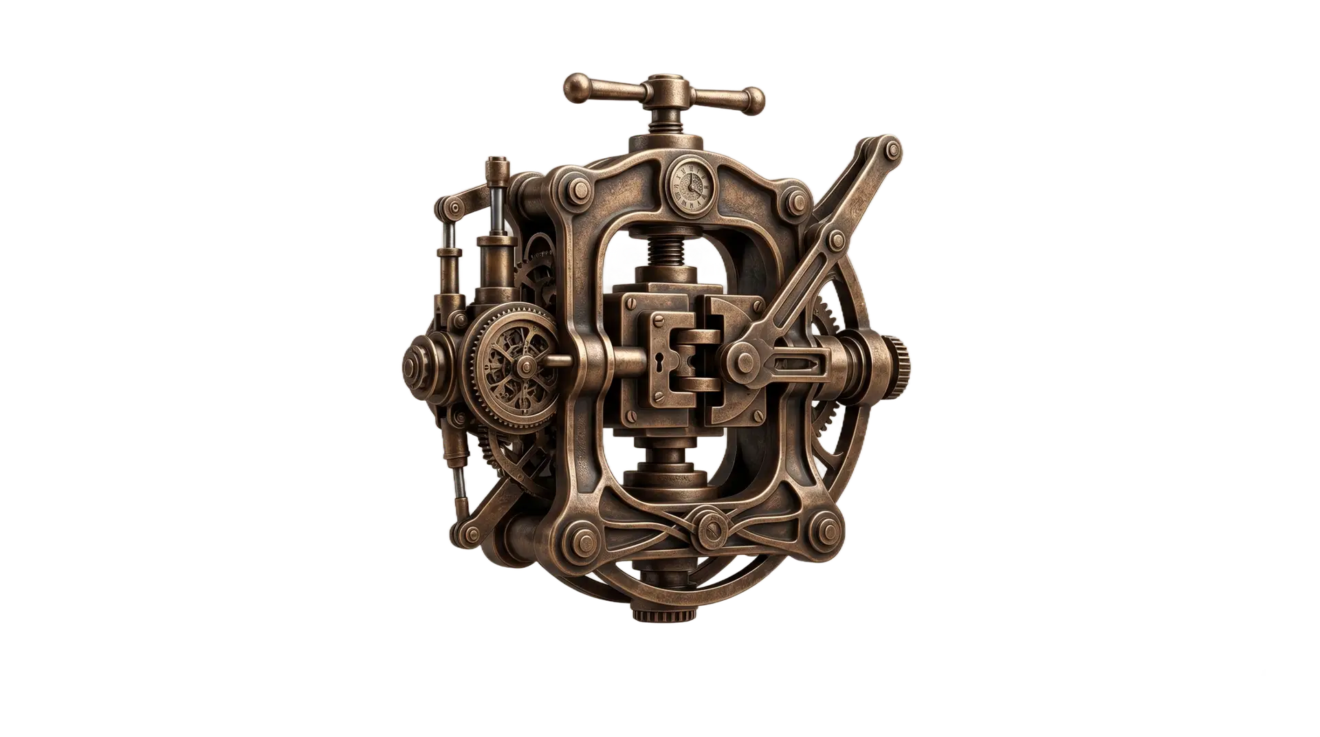 A highly detailed steampunk mechanical construct made of aged bronze representing a complex dispute resolution process floating on a clean taupe studio background